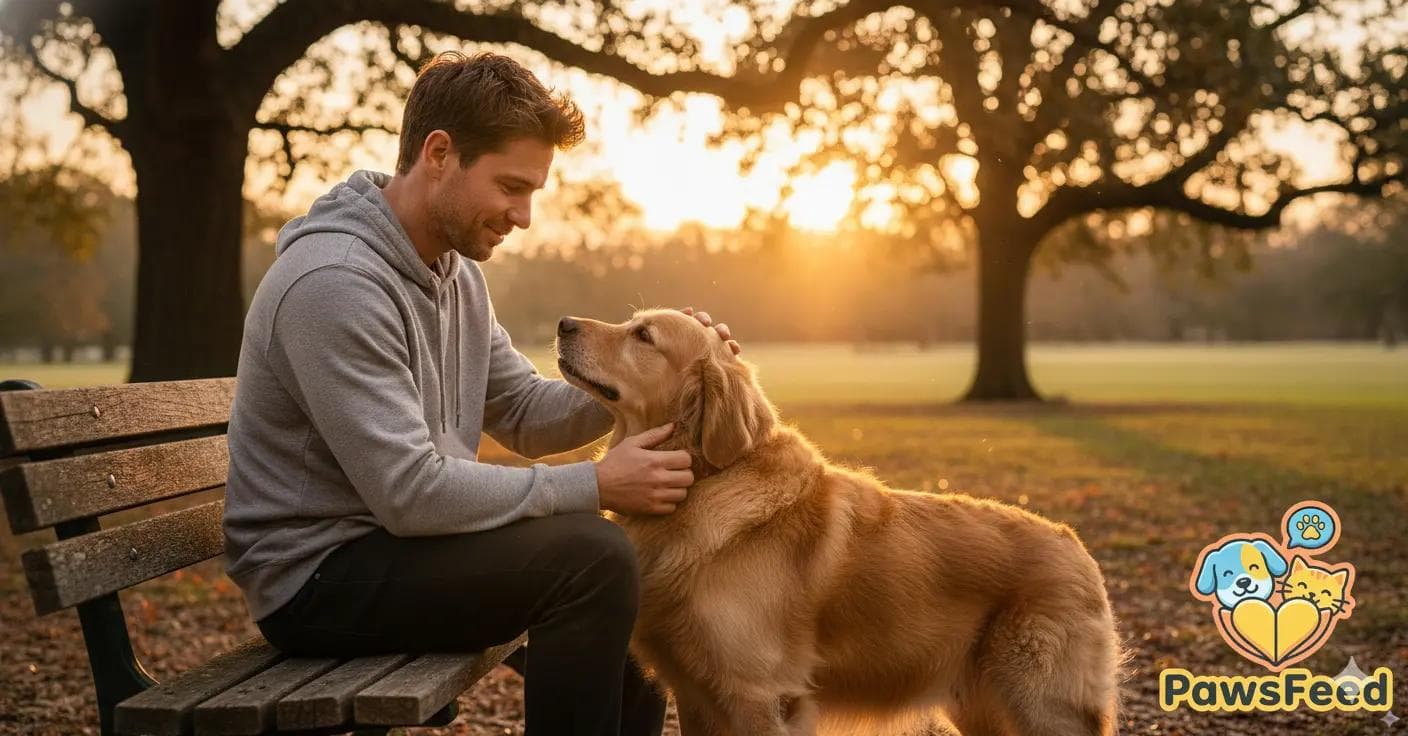a man petting is golden retriever